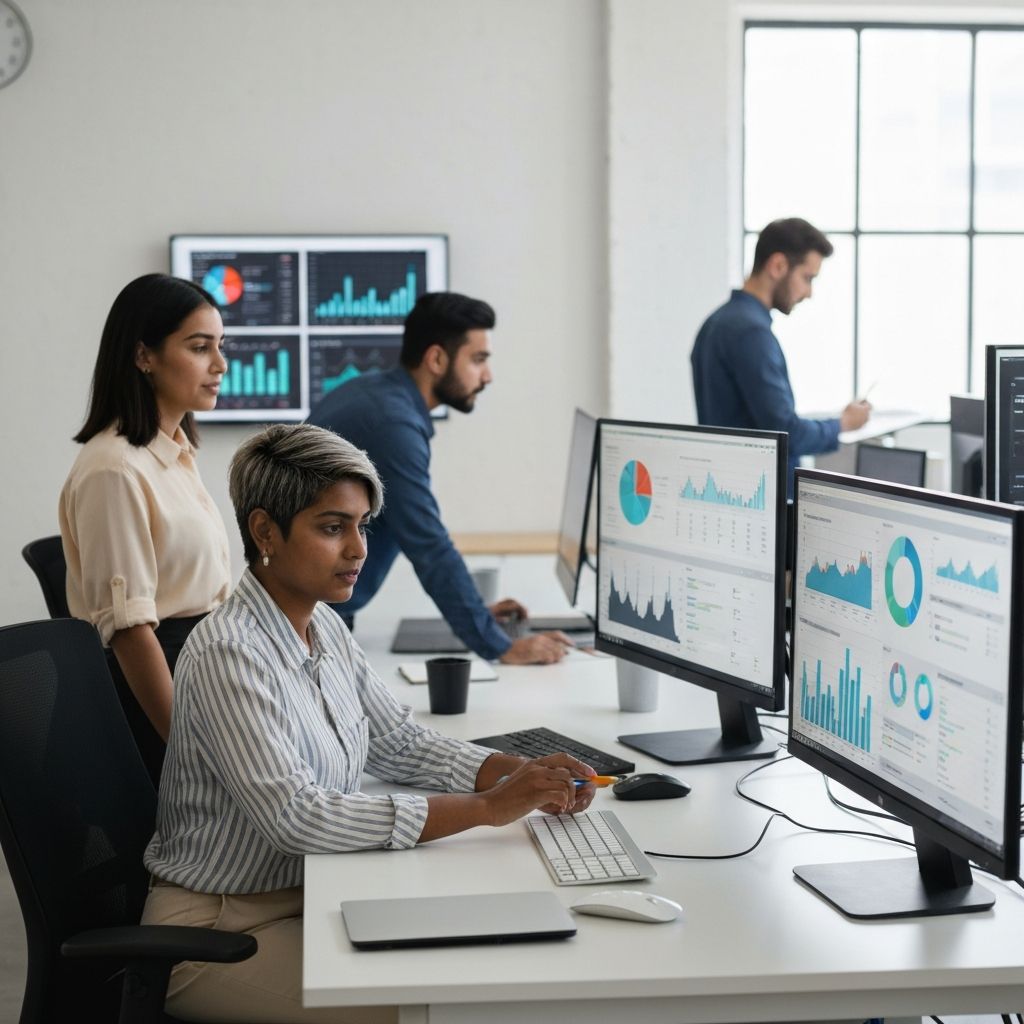 Equipo de marketing digital trabajando con analítica y tecnología